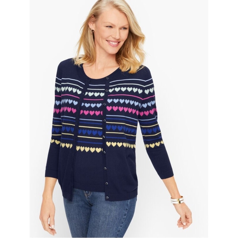 Talbots New Medium Navy Blue Cardigan Colorful Hearts and Stripes Cotton Blend